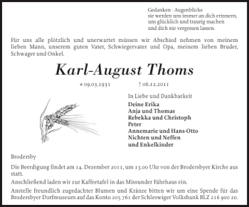 Traueranzeige von Karl-August Thoms von Schleswiger Nachrichten
