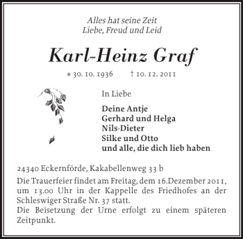 Traueranzeige von Karl-Heinz Graf von Eckernförder Zeitung