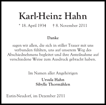 Traueranzeige von Karl-Heinz Hahn von Ostholsteiner Anzeiger