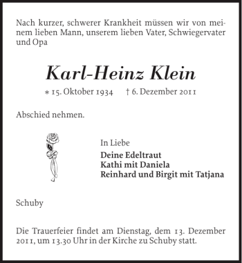 Traueranzeige von Karl-Heinz Klein von Schleswiger Nachrichten