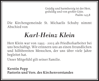 Traueranzeige von Karl-Heinz Klein von Schleswiger Nachrichten