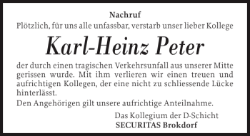 Traueranzeige von Karl-Heinz Peter von Norddeutsche Rundschau
