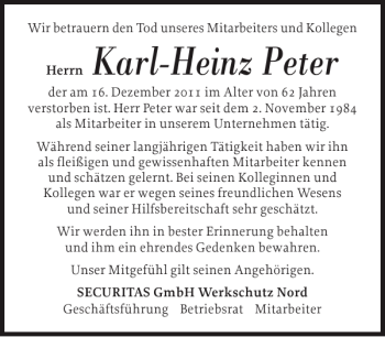 Traueranzeige von Karl-Heinz Peter von Norddeutsche Rundschau