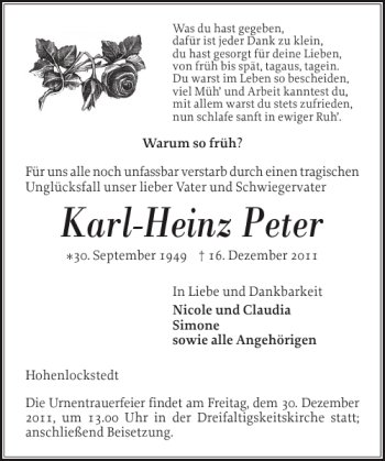 Traueranzeige von Karl-Heinz Peter von Norddeutsche Rundschau