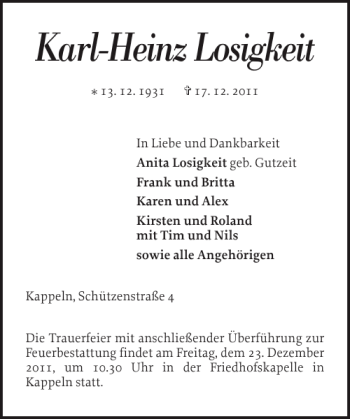 Traueranzeige von Karl-HeinzLosigkeit  von Schlei-Bote
