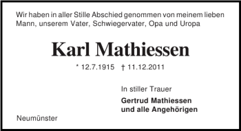Traueranzeige von Karl Mathiessen von Holsteinischer Courier