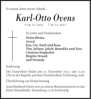 Traueranzeige von Karl-Otto Ovens von Husumer Nachrichten