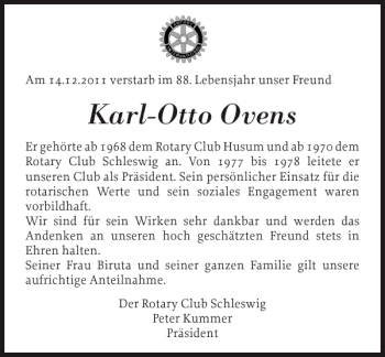 Traueranzeige von Karl-Otto Ovens von Schleswiger Nachrichten