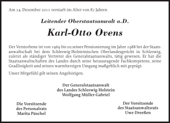 Traueranzeige von Karl-Otto Ovens von Schleswiger Nachrichten