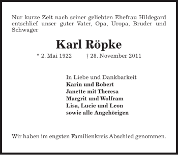 Traueranzeige von Karl Röpke von Pinneberger Tageblatt