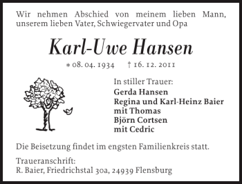 Traueranzeige von Karl-Uwe Hansen von Flensburger Tageblatt