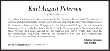 Traueranzeige von Karl August Petersen von Nordfriesland Tageblatt