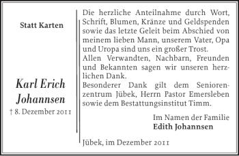 Traueranzeige von Karl Erich Johannsen von Flensburger Tageblatt