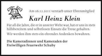 Traueranzeige von Karl Heinz Klein von Schleswiger Nachrichten