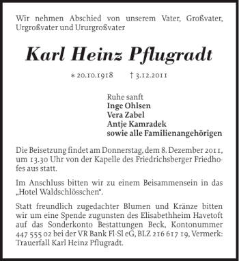 Traueranzeige von Karl Heinz Pflugradt von Schleswiger Nachrichten
