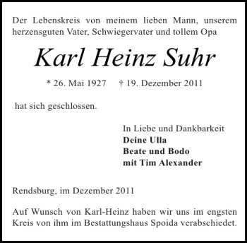Traueranzeige von Karl Heinz Suhr von Landeszeitung
