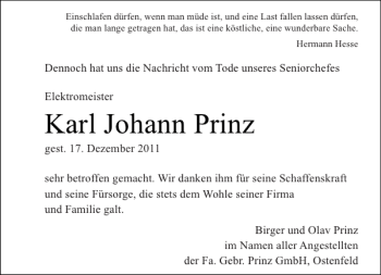Traueranzeige von Karl Johann Prinz von Landeszeitung