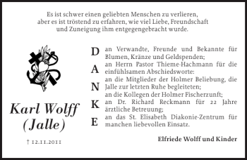 Traueranzeige von Karl Wolff Jalle von Schleswiger Nachrichten