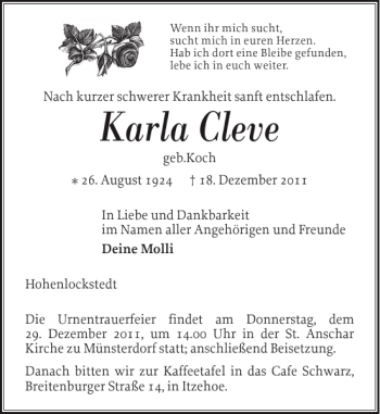 Traueranzeige von Karla Cleve von Norddeutsche Rundschau