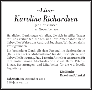 Traueranzeige von Karoline Richardsen von Flensburger Tageblatt