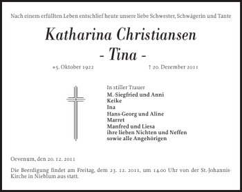 Traueranzeige von Katharina Christiansen von Der Insel-Bote