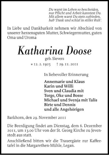 Traueranzeige von Katharina Doose von Landeszeitung