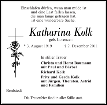 Traueranzeige von Katharina Kolk von Husumer Nachrichten