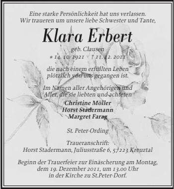 Traueranzeige von Klara Erbert von Husumer Nachrichten