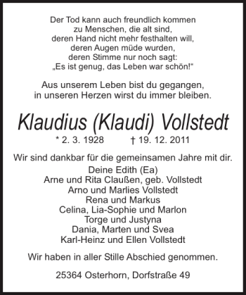 Traueranzeige von Klaudius (Klaudi) Vollstedt von Landeszeitung
