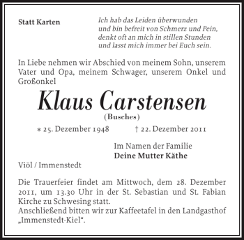 Traueranzeige von Klaus Carstensen von Husumer Nachrichten