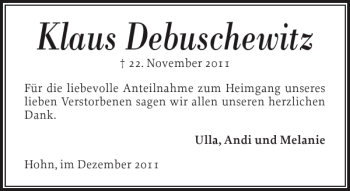 Traueranzeige von Klaus Debuschewitz von Landeszeitung