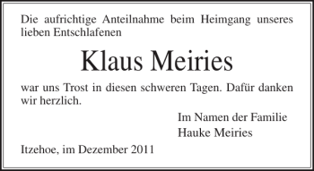 Traueranzeige von Klaus Meiries von Norddeutsche Rundschau