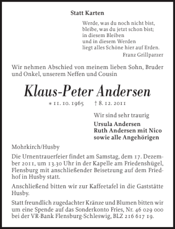 Traueranzeige von Klaus-Peter Andersen von Flensburger Tageblatt