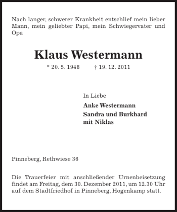 Traueranzeige von Klaus Westermann von Pinneberger Tageblatt