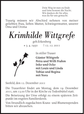 Traueranzeige von Krimhilde Wittgrefe von Landeszeitung