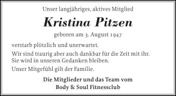 Traueranzeige von Kristina Pitzen von Holsteinischer Courier