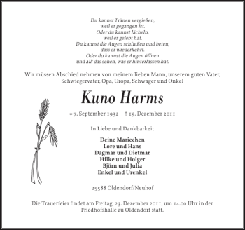 Traueranzeige von Kuno Harms von Norddeutsche Rundschau