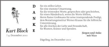 Traueranzeige von Kurt Block von Norddeutsche Rundschau