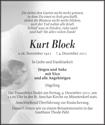 Traueranzeige von Kurt Block von Norddeutsche Rundschau