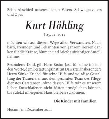 Traueranzeige von Kurt Hähling von Husumer Nachrichten