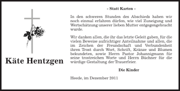 Traueranzeige von Käte Hentzgen von Barmstedter Zeitung