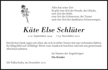 Traueranzeige von Käte Else Schlüter von Schleswiger Nachrichten