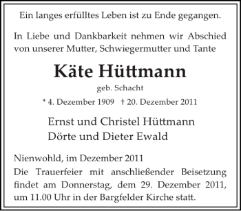 Traueranzeige von Käte Hü mann von Stormarner Tageblatt