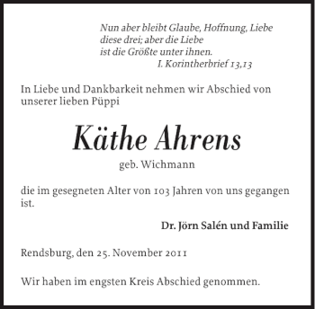Traueranzeige von Käthe Ahrens von Landeszeitung