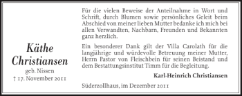 Traueranzeige von Käthe Christiansen von Flensburger Tageblatt