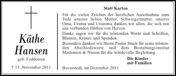 Traueranzeige von Käthe Hansen von Husumer Nachrichten