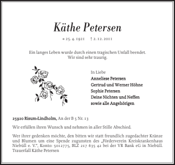 Traueranzeige von Käthe Petersen von Nordfriesland Tageblatt