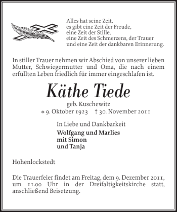 Traueranzeige von Käthe Tiede von Norddeutsche Rundschau