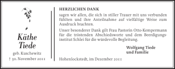 Traueranzeige von Käthe Tiede von Norddeutsche Rundschau