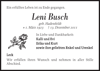 Traueranzeige von Leni Busch von Nordfriesland Tageblatt